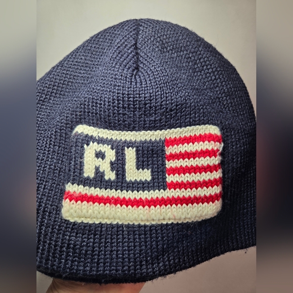 Vintage Polo Ralph Lauren Navy Blue Knit Beanie Hat USA Olympic American Flag - Picture 2 of 6